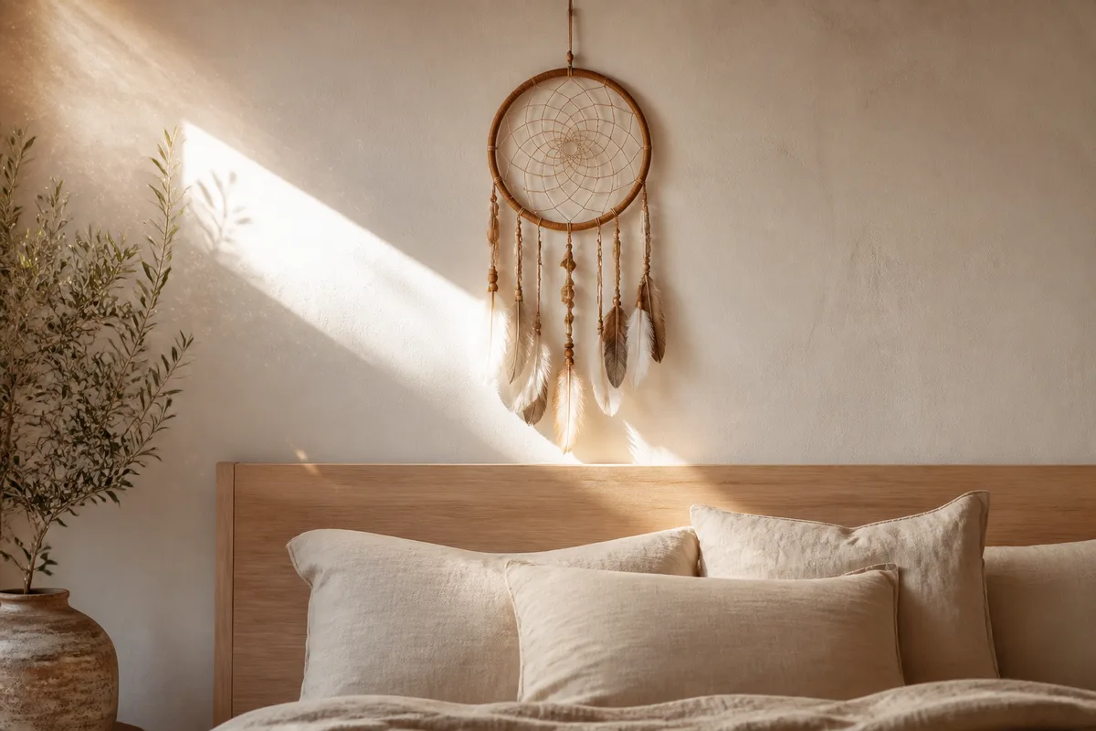 Attrape-reves suspendu au-dessus d une tete de lit en bois clair, lumiere douce du matin sur le mur