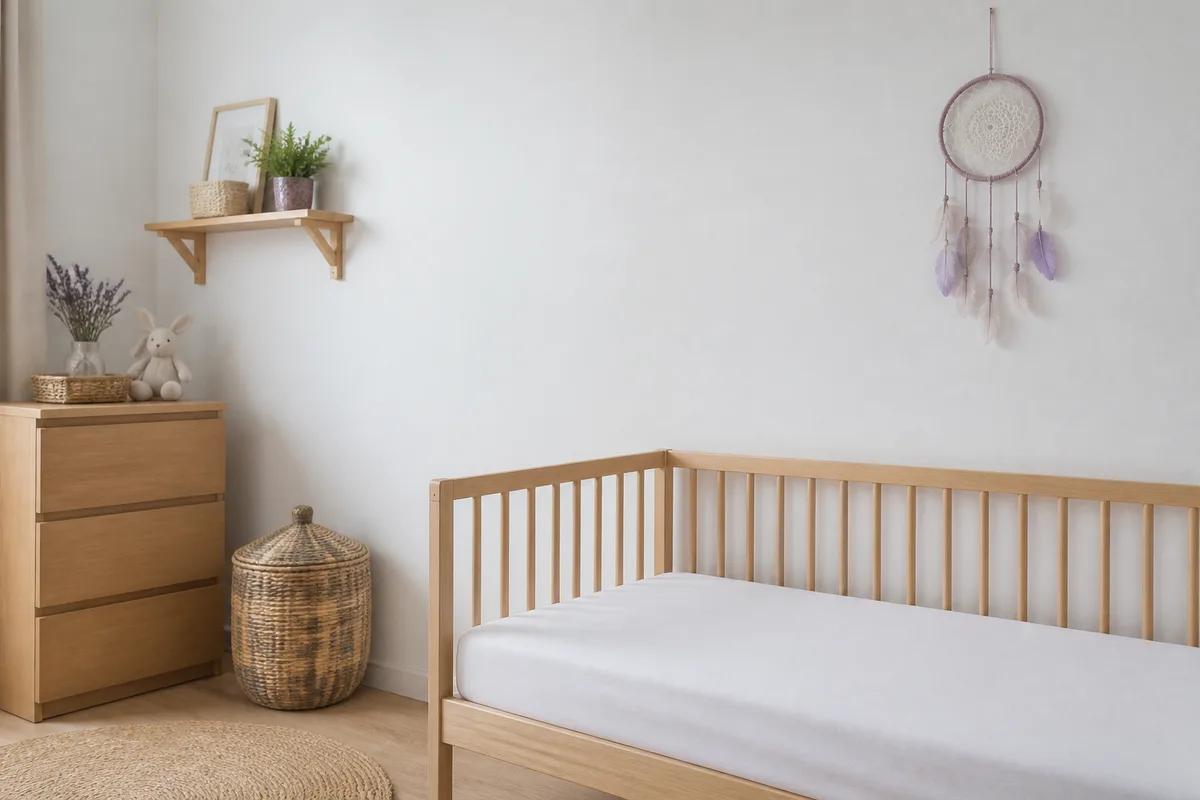 Petit attrape-reves accroche sur un mur clair a distance d un lit a barreaux dans une chambre d enfant