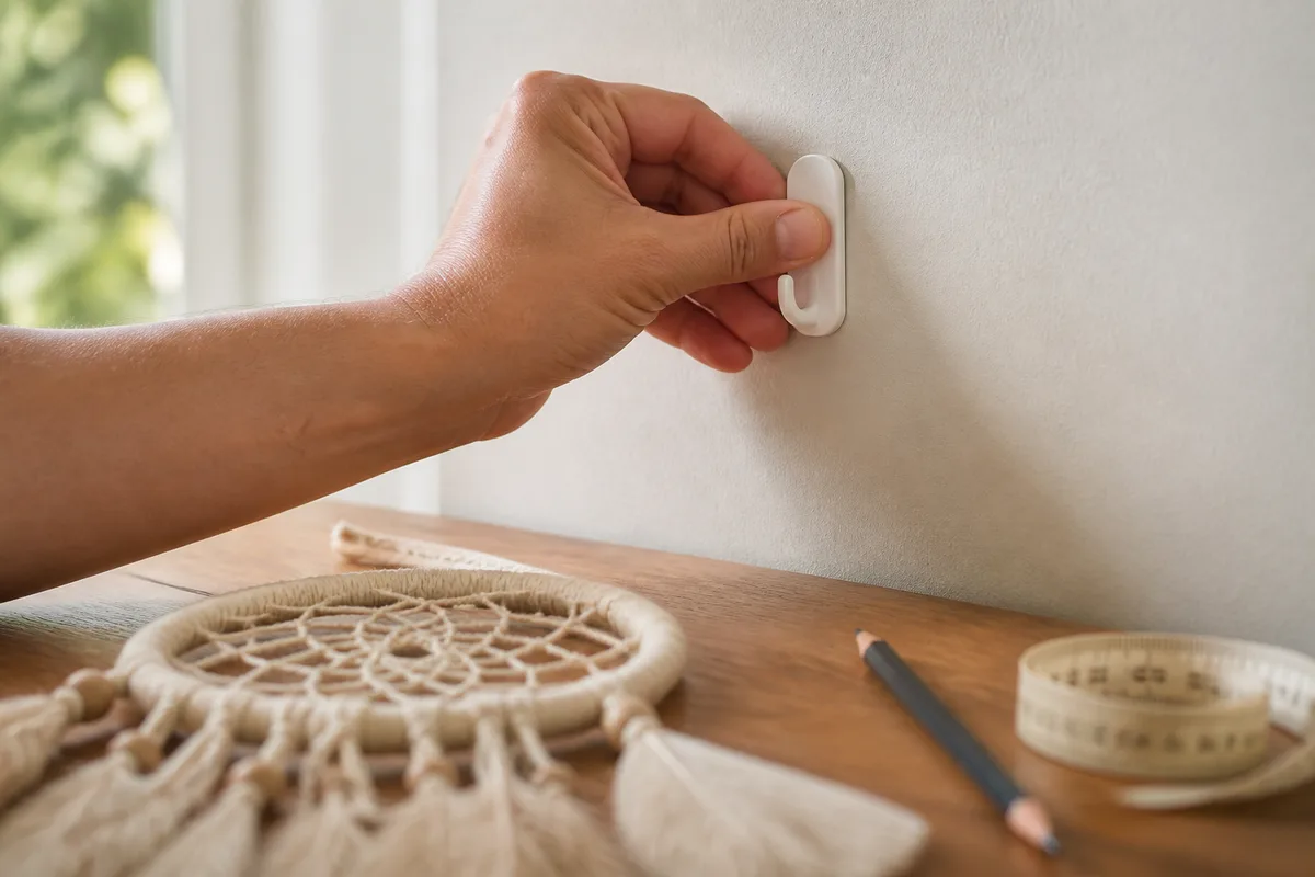 Main fixant un crochet adhesif sur un mur peint clair avant d y suspendre un cerceau tresse