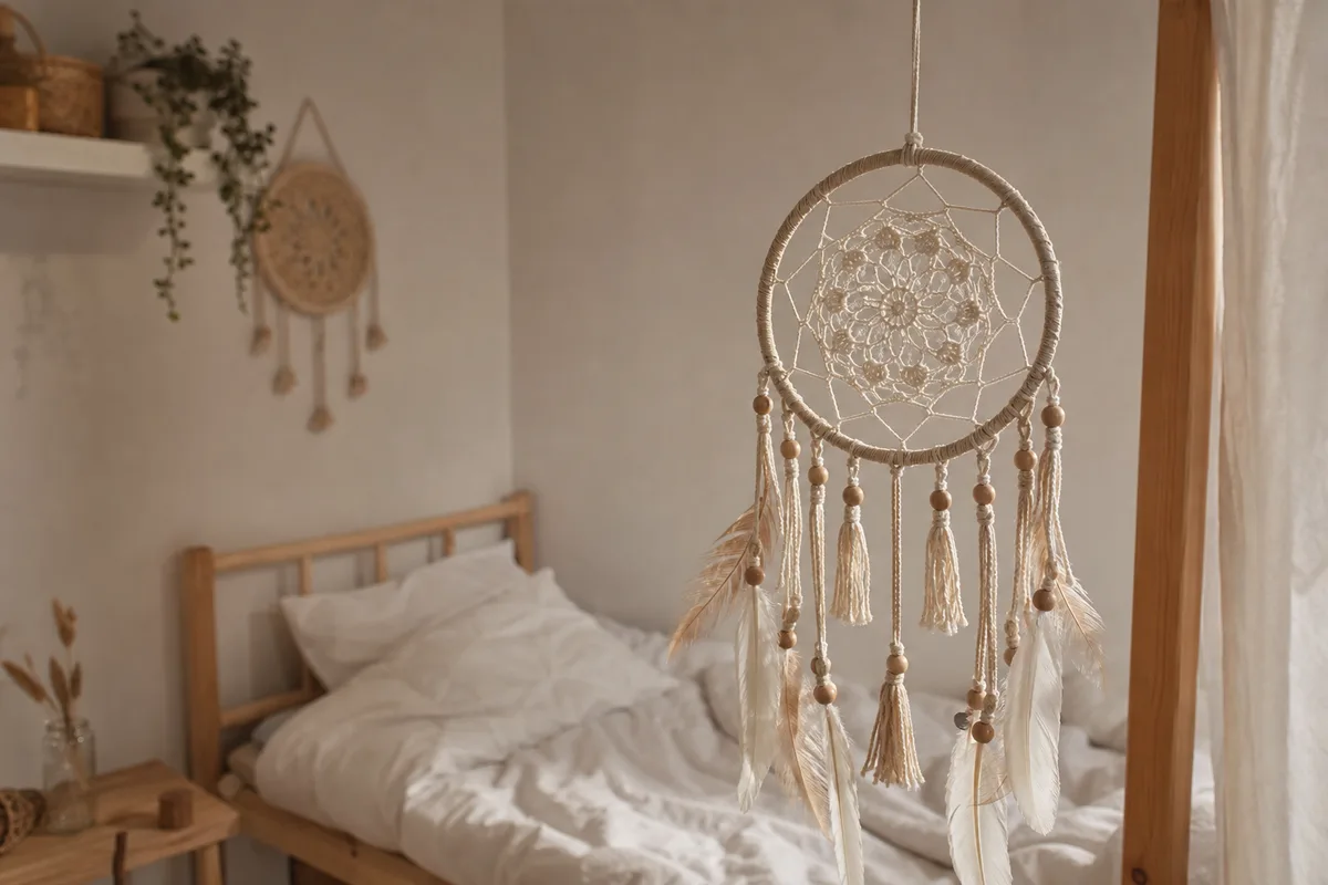 Chambre d&rsquo;enfant en fin de journée, attrape-rêves suspendu au-dessus d&rsquo;un petit lit en bois