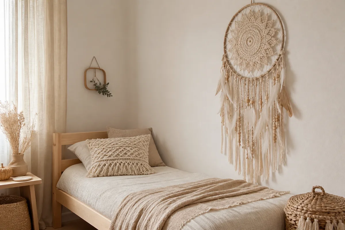 Petit lit en bois clair avec un attrape-rêves aux tons crème accroché en hauteur sur le mur latéral