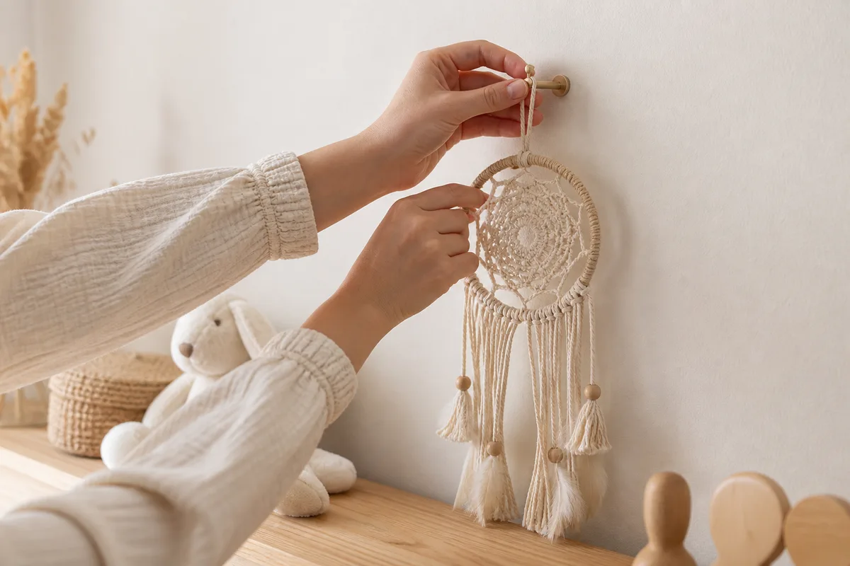 Mains fixant un crochet mural puis suspendant un attrape-rêves au-dessus d&rsquo;une commode d&rsquo;enfant