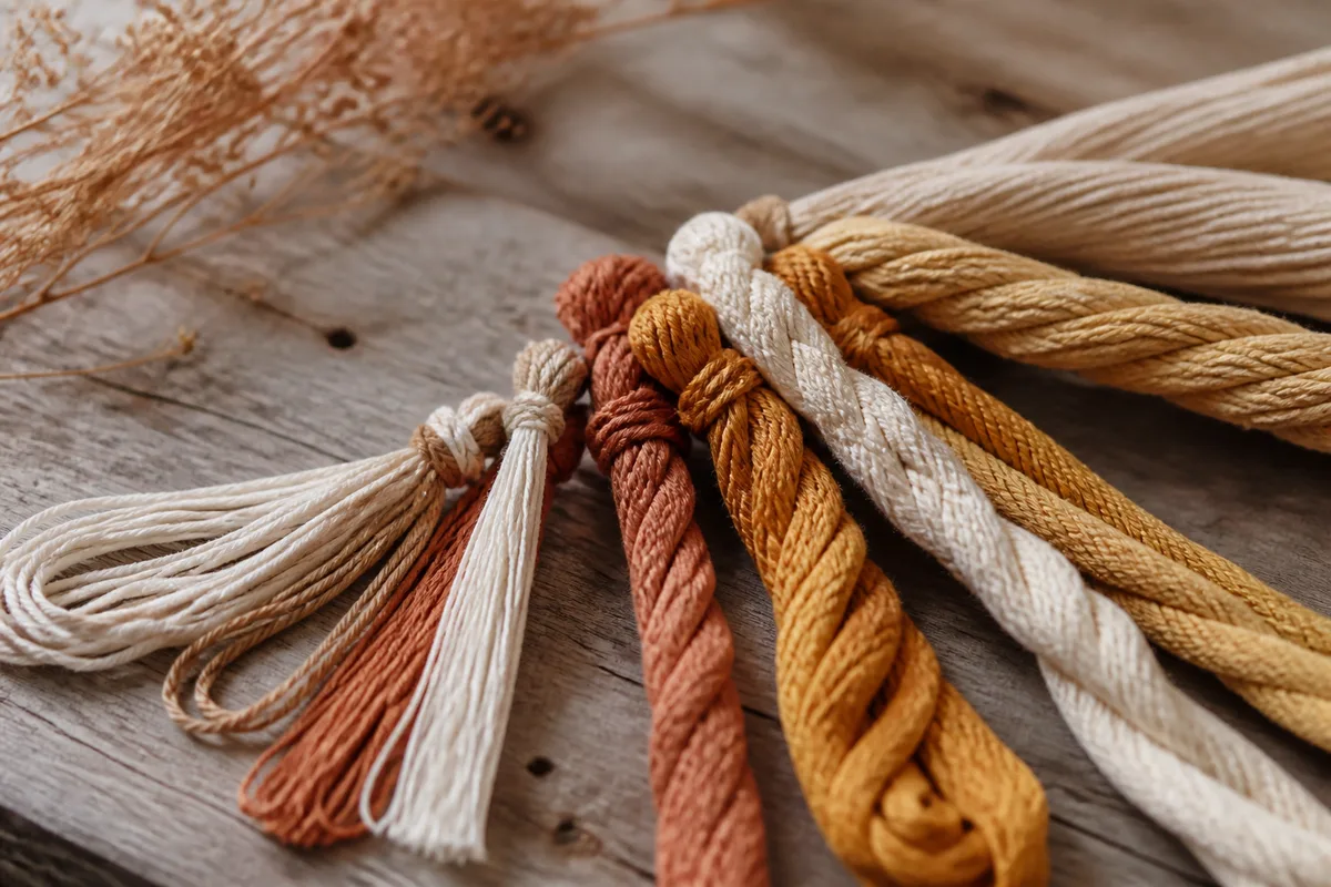 Fils de coton dans des tons crème, ocre et terracotta posés en éventail sur une planche de bois brut