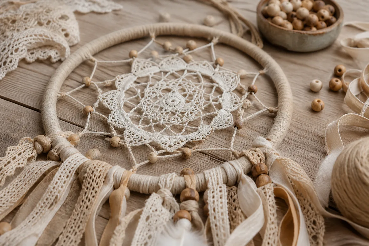 Attrape-rêves en cours de composition avec dentelle ancienne, perles de bois et rubans de tissu récupérés