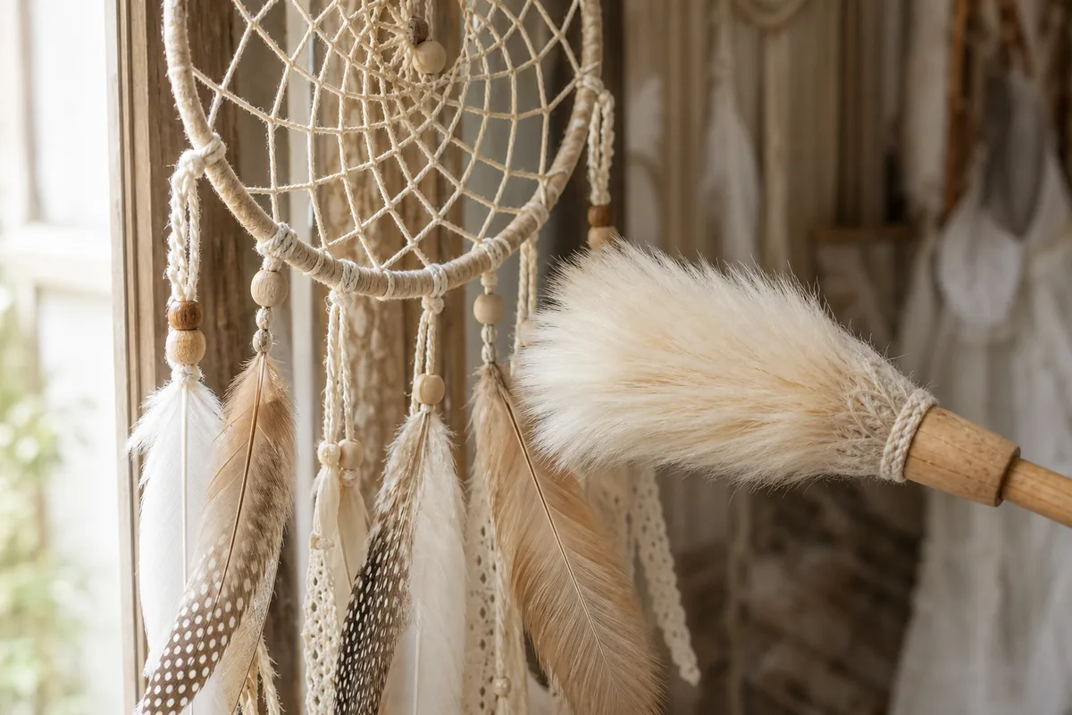 Plumeau doux passé délicatement sur les plumes d’un attrape-rêves suspendu près d’une fenêtre