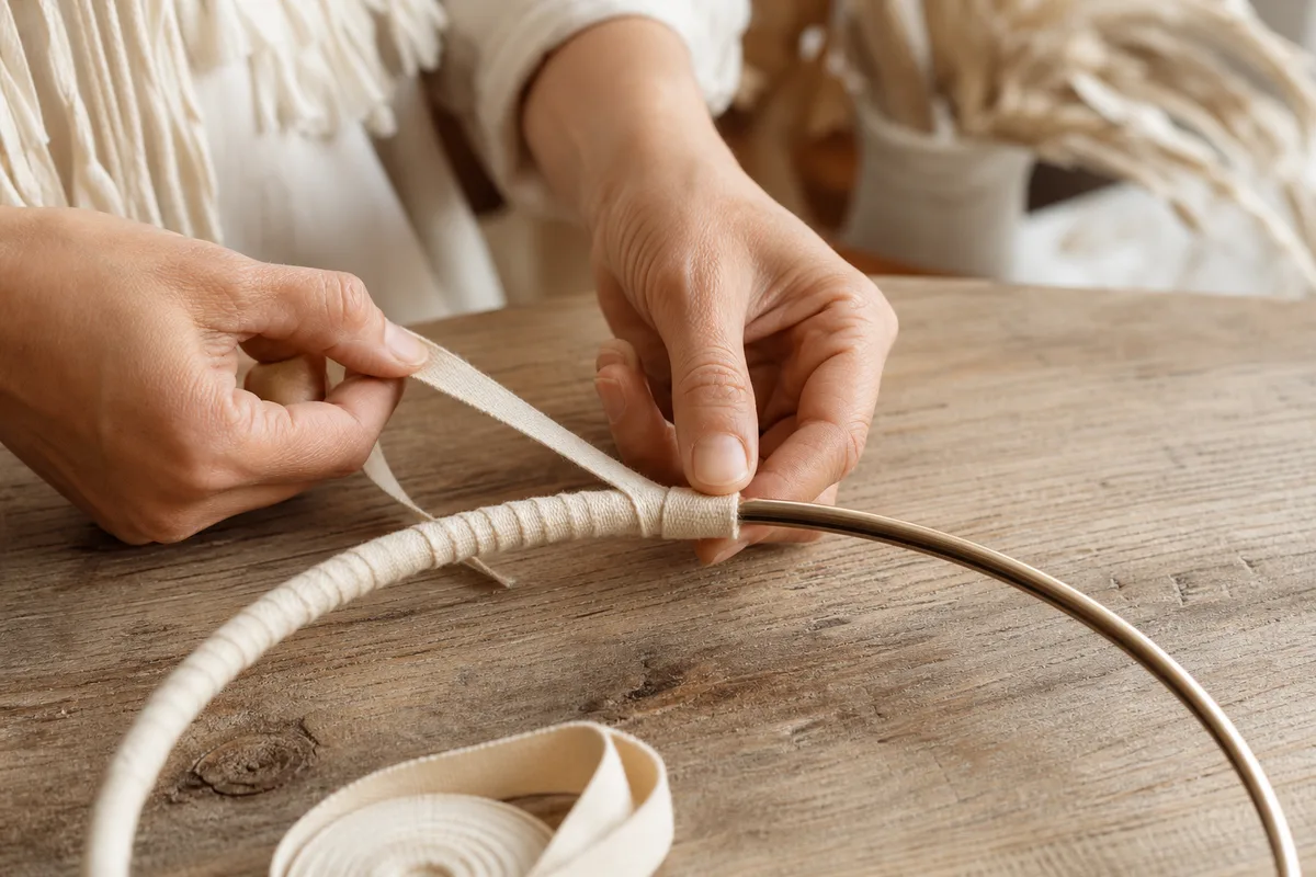 Mains enroulant un ruban de coton beige autour d&rsquo;un cerceau métallique posé sur une table en bois