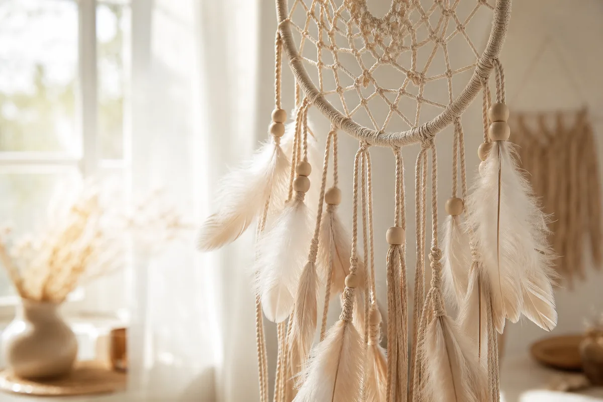 Attrape-rêves en macramé beige suspendu devant une fenêtre lumineuse, plumes claires et perles de bois