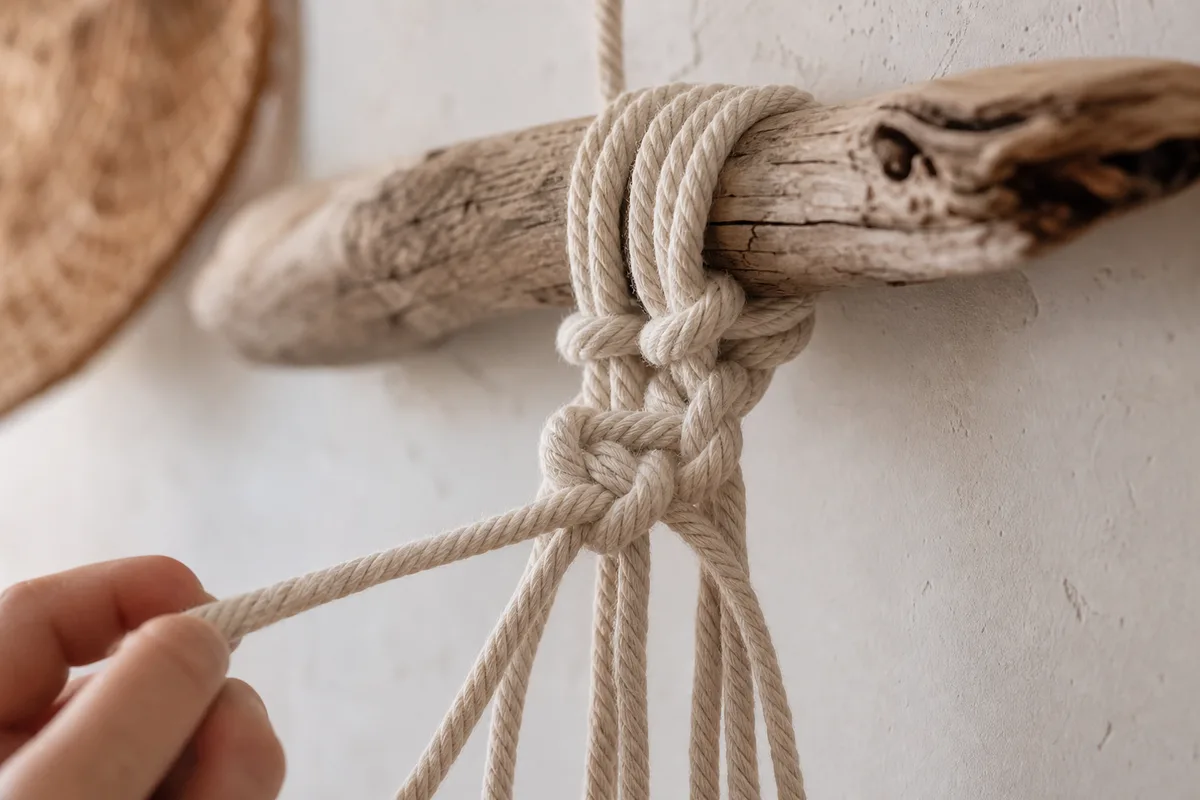 Corde de coton écru en cours de nouage sur une barre de bois flotté fixée au mur