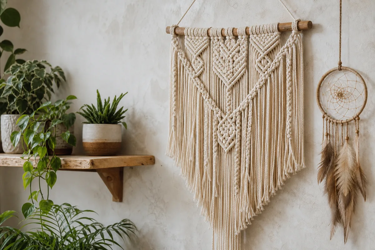 Mur clair avec une tenture en macramé, un attrape-rêves et une étagère en bois portant des plantes